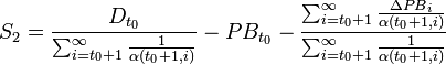S_2 = \frac{ D_{t_0} }{ \sum_{i=t_0 + 1}^{\infty} \frac{ 1 }{ \alpha(t_0+1,i) } } - PB_{t_0} - \frac{ \sum_{i=t_0 + 1}^{\infty} \frac{ \Delta{{PB}_i} }{ \alpha(t_0+1,i) } }{ \sum_{i=t_0 + 1}^{\infty} \frac{ 1 }{ \alpha(t_0+1,i) } }