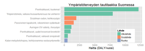 Kuva 3. Ympäristötekijöiden aiheuttama tautitaakka Suomessa (tärkeimmät). Perustuu Tekaisu-hankkeen arvioihin.